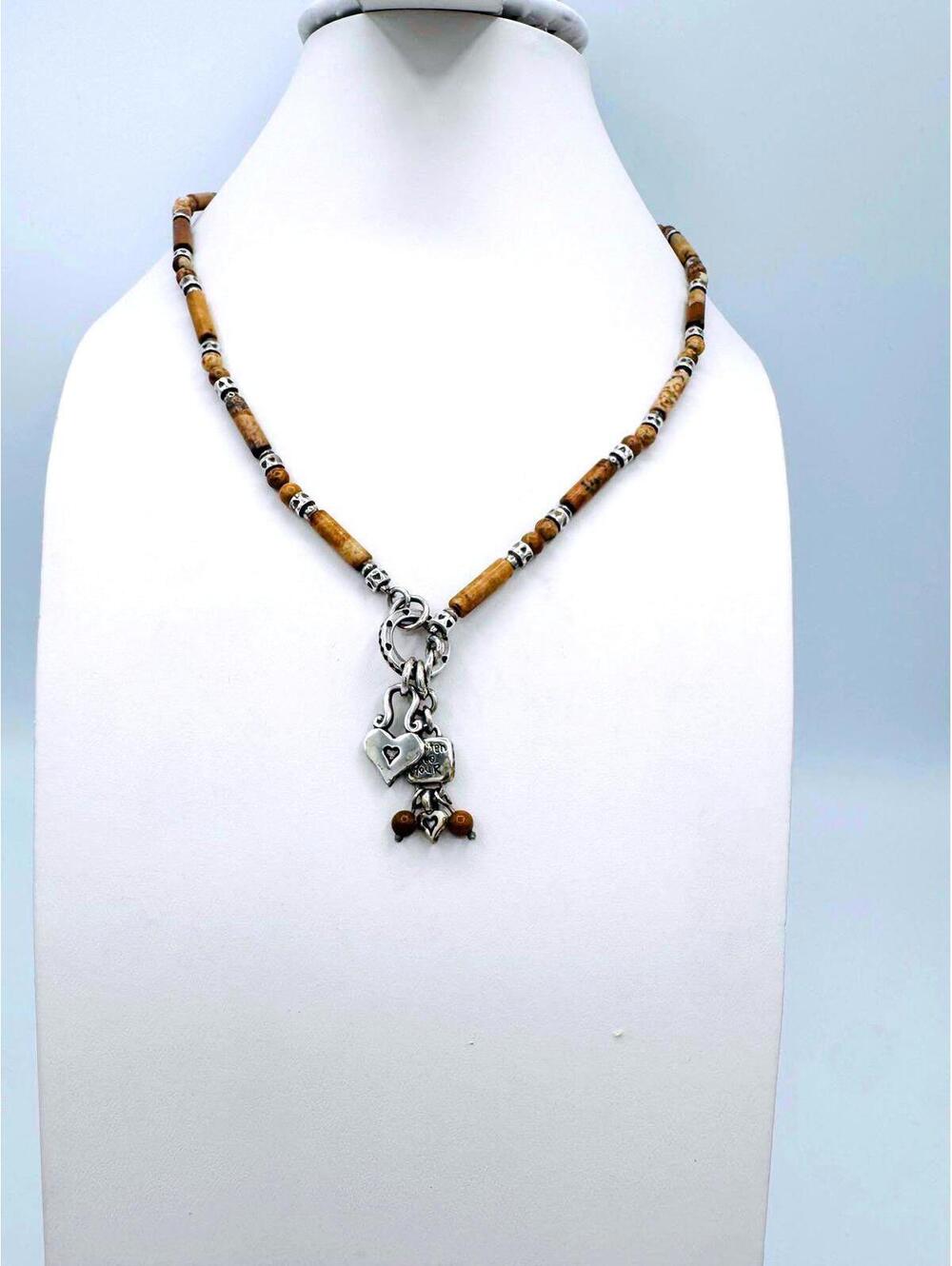 Brighton silver plated Desert Jasper Listen to your Heart beaded charm necklace;